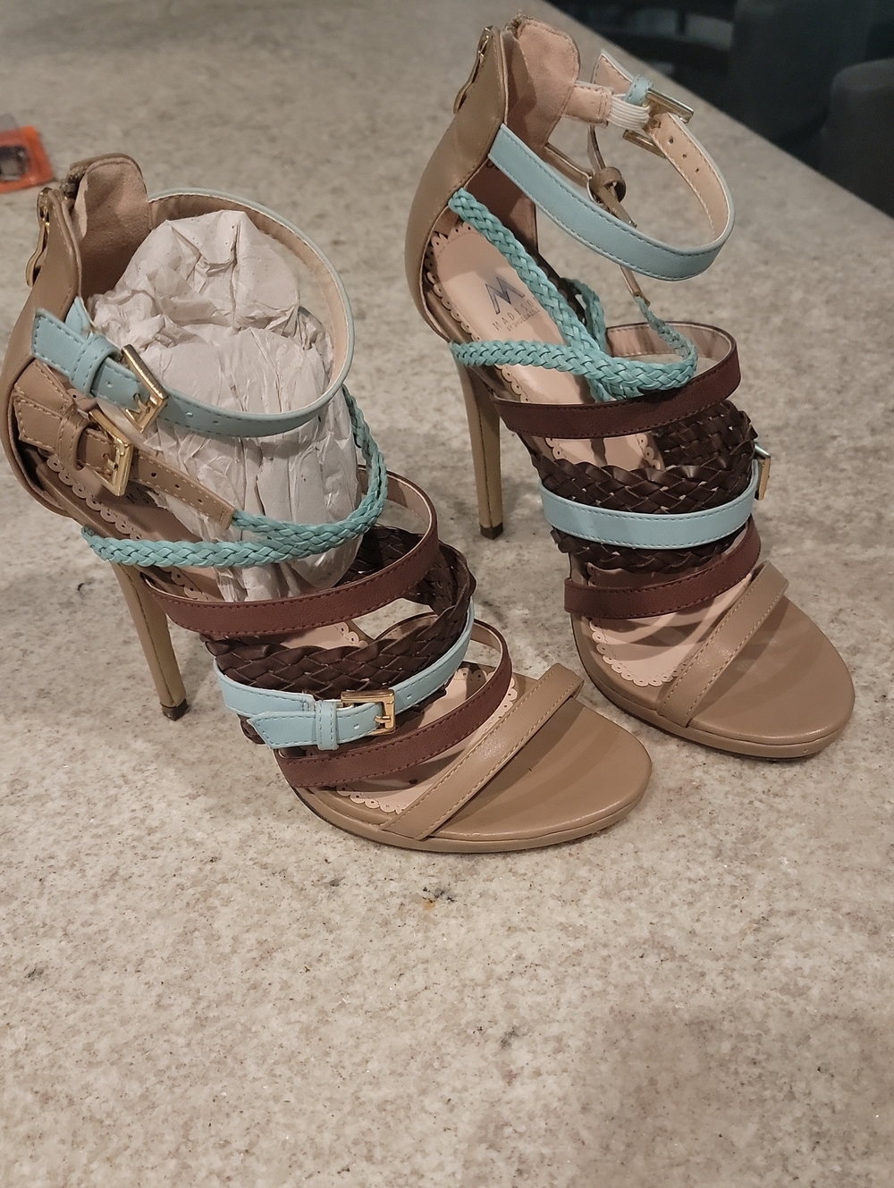 Women's Multi-Strap High Heel Sandals - Beige & Light Blue